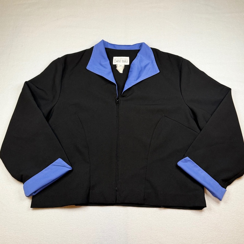 Dani Max Vintage Zip Front Jacket Black Blue Contrast Collar Cuffs Womens 16